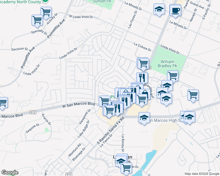 map of restaurants, bars, coffee shops, grocery stores, and more near 650 South Rancho Santa Fe Road in San Marcos
