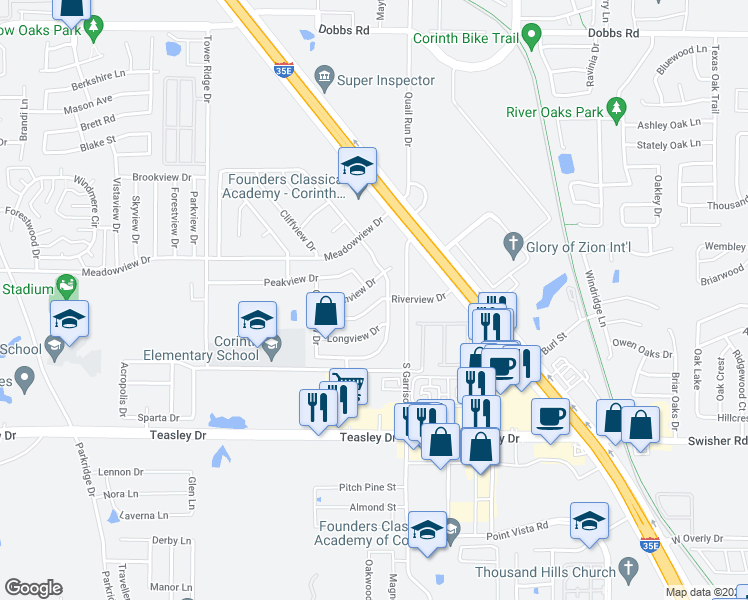 map of restaurants, bars, coffee shops, grocery stores, and more near 3514 Riverview Drive in Corinth