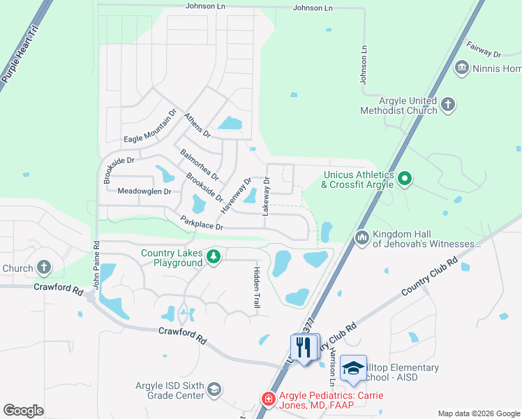 map of restaurants, bars, coffee shops, grocery stores, and more near 5100 Brookside Drive in Argyle