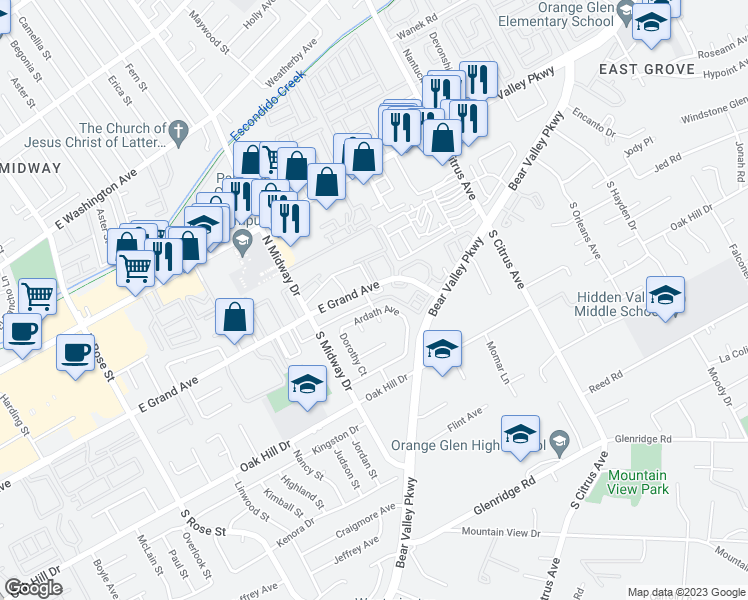 map of restaurants, bars, coffee shops, grocery stores, and more near 2121 East Grand Avenue in Escondido