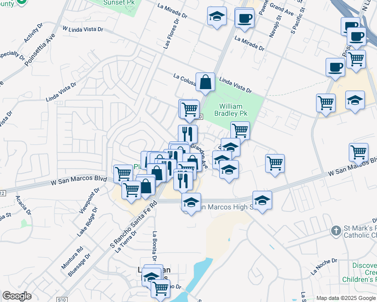 map of restaurants, bars, coffee shops, grocery stores, and more near 577 South Rancho Santa Fe Road in San Marcos