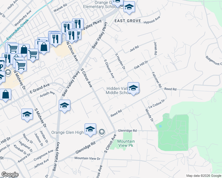 map of restaurants, bars, coffee shops, grocery stores, and more near 496 South Citrus Avenue in Escondido