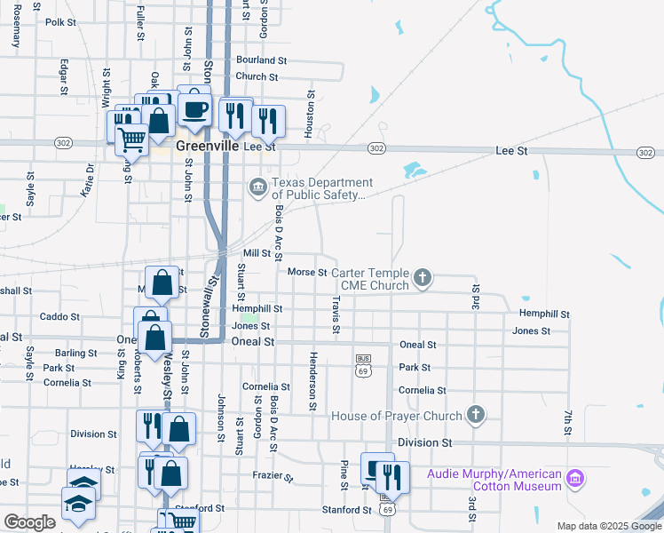 map of restaurants, bars, coffee shops, grocery stores, and more near 3110 Travis Street in Greenville