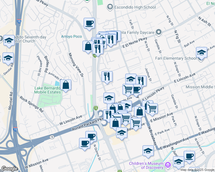 map of restaurants, bars, coffee shops, grocery stores, and more near 1120 North Escondido Boulevard in Escondido