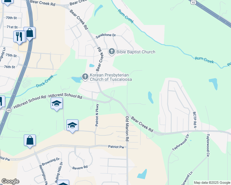 map of restaurants, bars, coffee shops, grocery stores, and more near 516 Bear Creek Road in Tuscaloosa