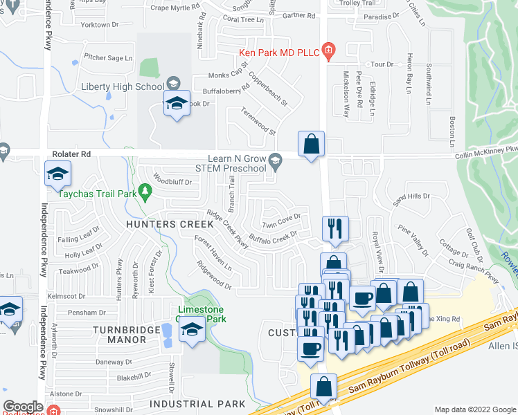 map of restaurants, bars, coffee shops, grocery stores, and more near 15750 Pine Bluff Cove in Frisco
