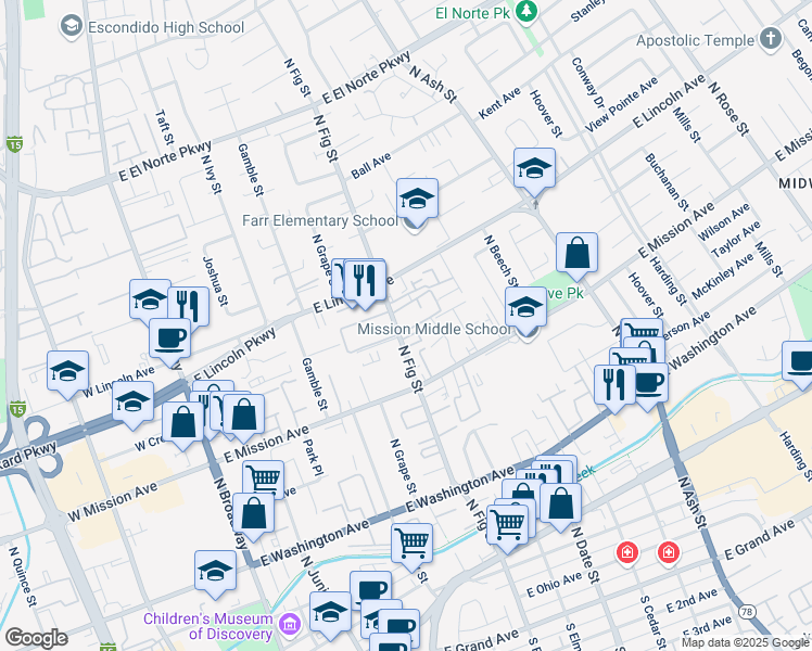 map of restaurants, bars, coffee shops, grocery stores, and more near 902 North Fig Street in Escondido