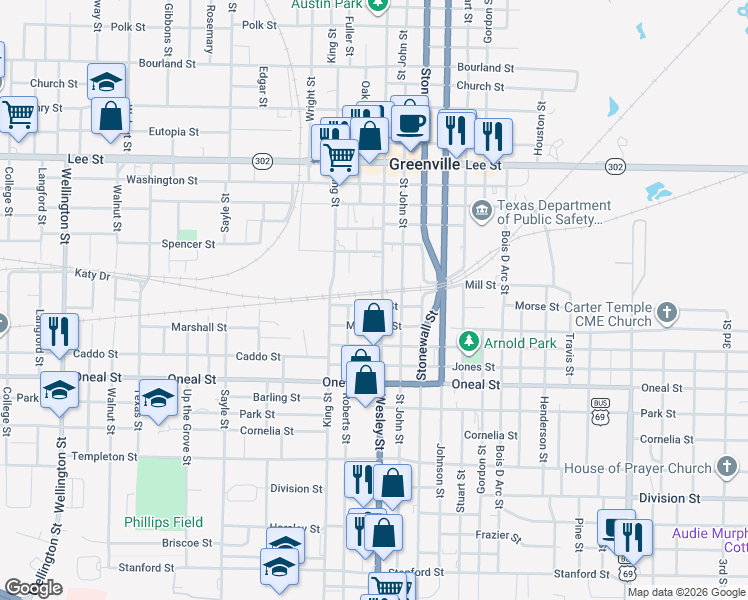 map of restaurants, bars, coffee shops, grocery stores, and more near 3104 Wesley Street in Greenville