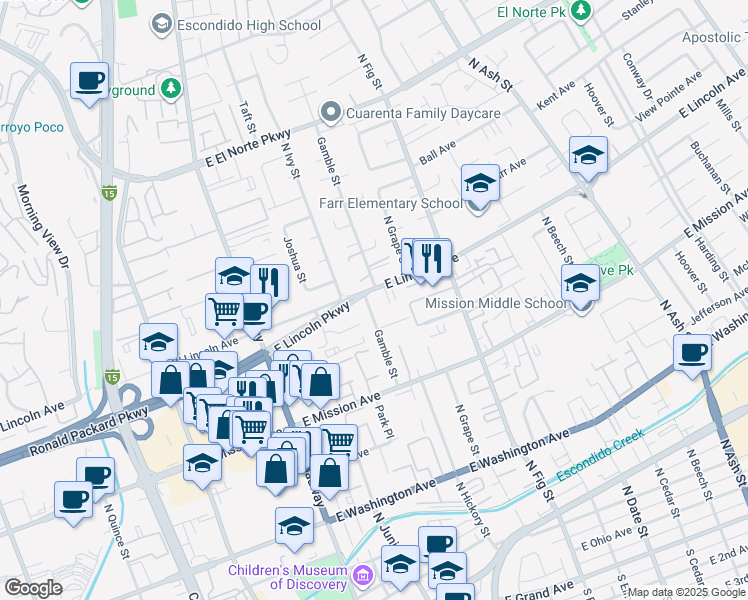 map of restaurants, bars, coffee shops, grocery stores, and more near 997 Gamble Street in Escondido