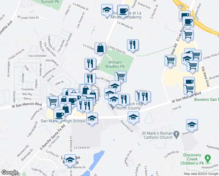 map of restaurants, bars, coffee shops, grocery stores, and more near 608 Beverly Place in San Marcos
