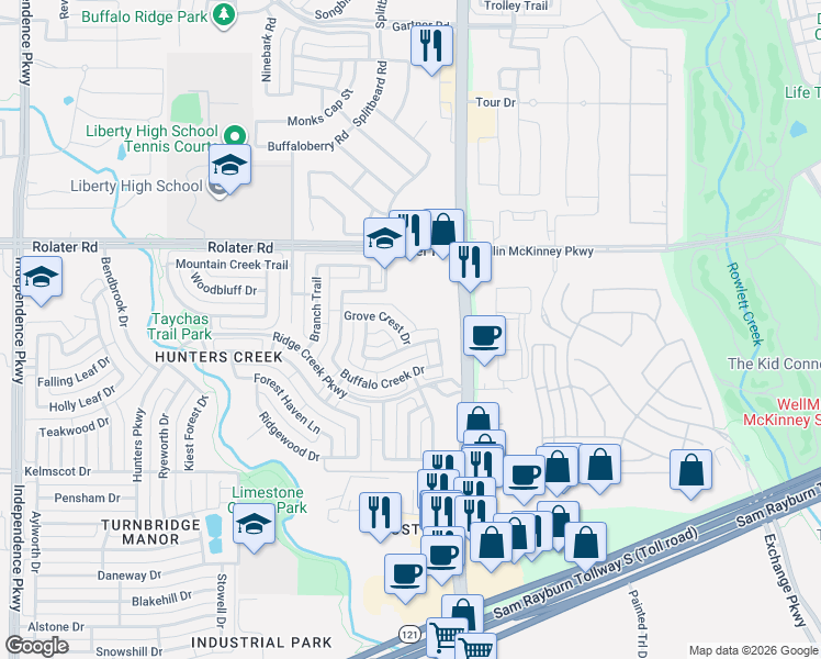 map of restaurants, bars, coffee shops, grocery stores, and more near 15872 Grove Crest Dr in Frisco