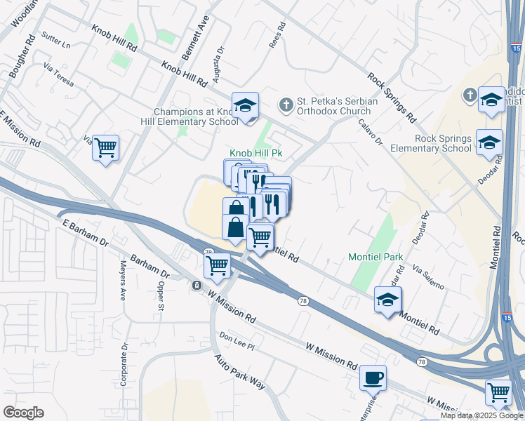 map of restaurants, bars, coffee shops, grocery stores, and more near 767 Nordahl Road in San Marcos