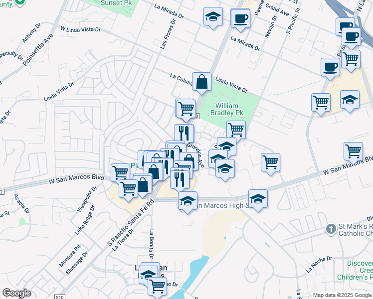 map of restaurants, bars, coffee shops, grocery stores, and more near 577 South Rancho Santa Fe Road in San Marcos