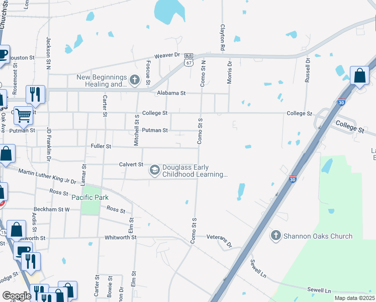 map of restaurants, bars, coffee shops, grocery stores, and more near 800 Fuller Street in Sulphur Springs