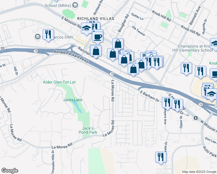map of restaurants, bars, coffee shops, grocery stores, and more near 907 Mira Lago Way in San Marcos