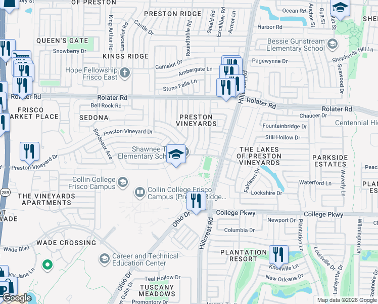 map of restaurants, bars, coffee shops, grocery stores, and more near 6809 Chateau Drive in Frisco