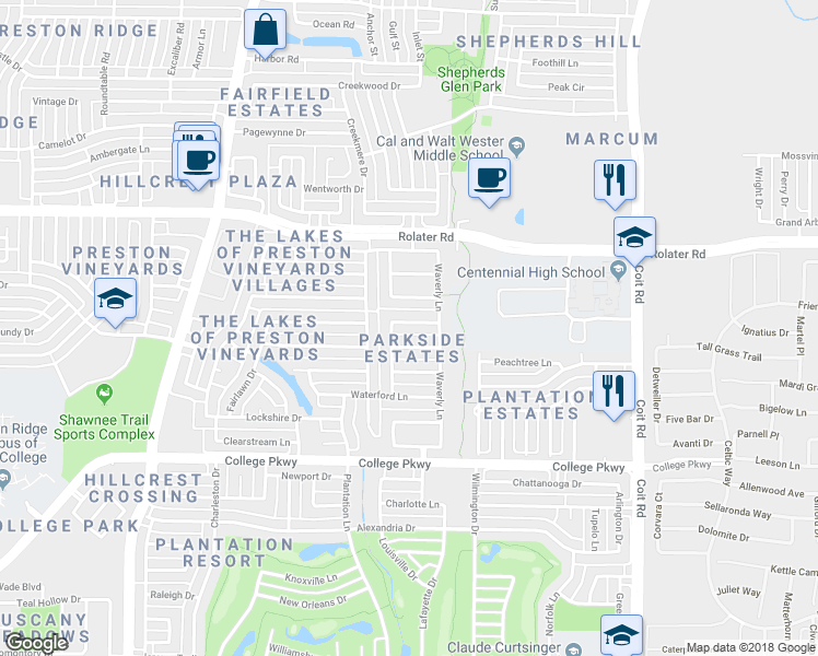 map of restaurants, bars, coffee shops, grocery stores, and more near 11741 Humberside Drive in Frisco