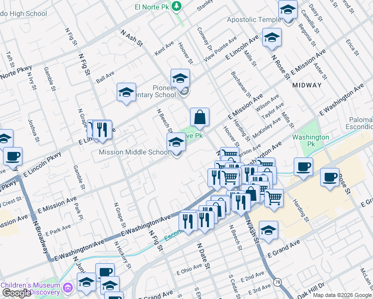 map of restaurants, bars, coffee shops, grocery stores, and more near 1035 East Mission Avenue in Escondido