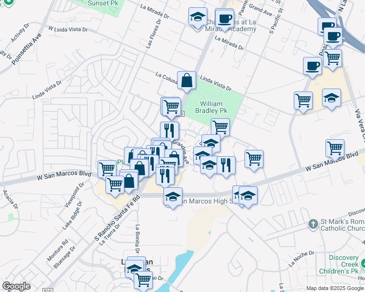 map of restaurants, bars, coffee shops, grocery stores, and more near 1554 Grandon Avenue in San Marcos