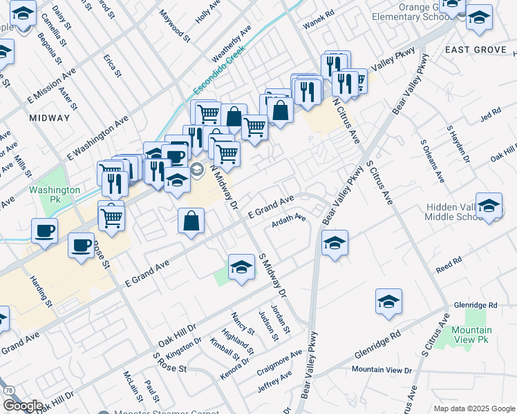 map of restaurants, bars, coffee shops, grocery stores, and more near 2050 East Grand Avenue in Escondido