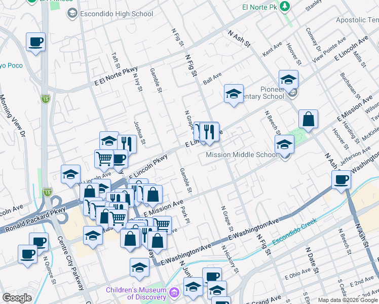 map of restaurants, bars, coffee shops, grocery stores, and more near 533 East Lincoln Avenue in Escondido