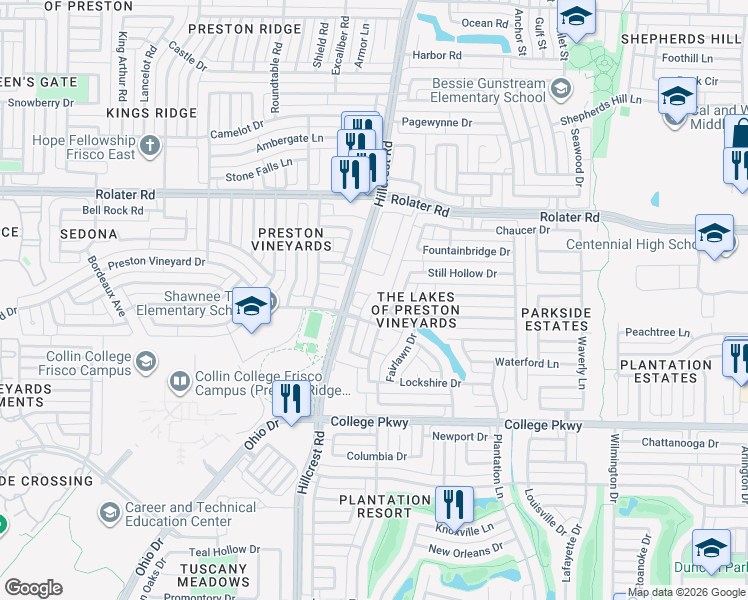 map of restaurants, bars, coffee shops, grocery stores, and more near 6766 Canterbury Drive in Frisco