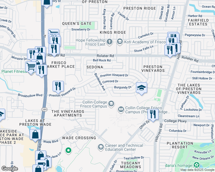 map of restaurants, bars, coffee shops, grocery stores, and more near 10000 Burgundy Drive in Frisco