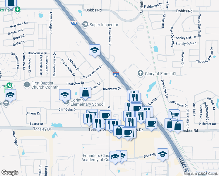 map of restaurants, bars, coffee shops, grocery stores, and more near 3300 South Garrison Street in Corinth