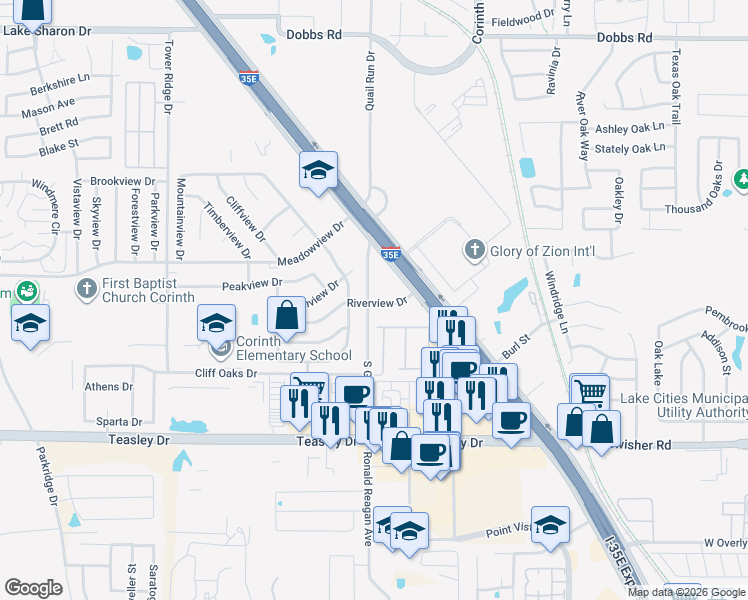 map of restaurants, bars, coffee shops, grocery stores, and more near 3159 South Garrison Street in Corinth