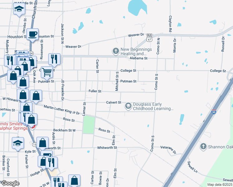 map of restaurants, bars, coffee shops, grocery stores, and more near 620 Fuller Street in Sulphur Springs