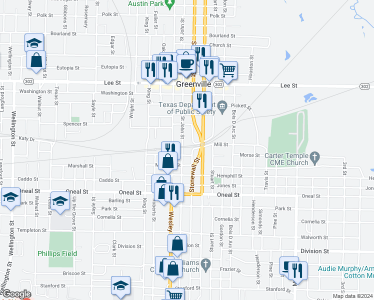 map of restaurants, bars, coffee shops, grocery stores, and more near 3101 Saint John Street in Greenville