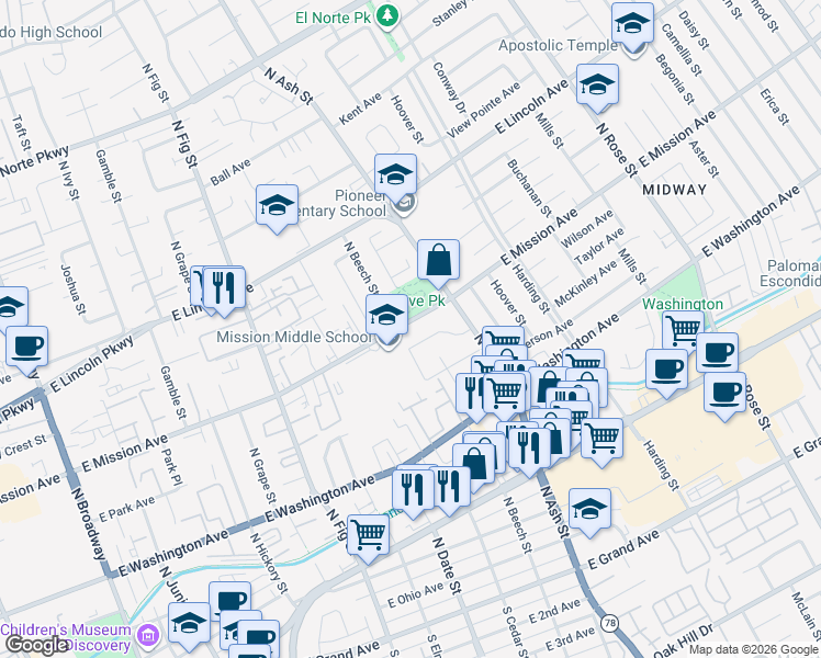 map of restaurants, bars, coffee shops, grocery stores, and more near 1035 East Mission Avenue in Escondido