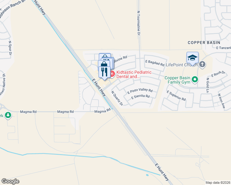 map of restaurants, bars, coffee shops, grocery stores, and more near 28167 North Quartz Drive in Queen Creek