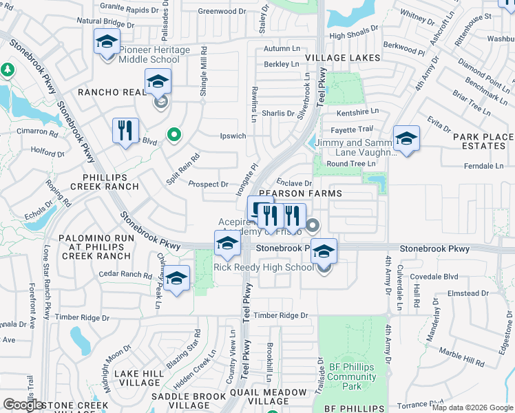 map of restaurants, bars, coffee shops, grocery stores, and more near 6785 Pecan Chase Lane in Frisco