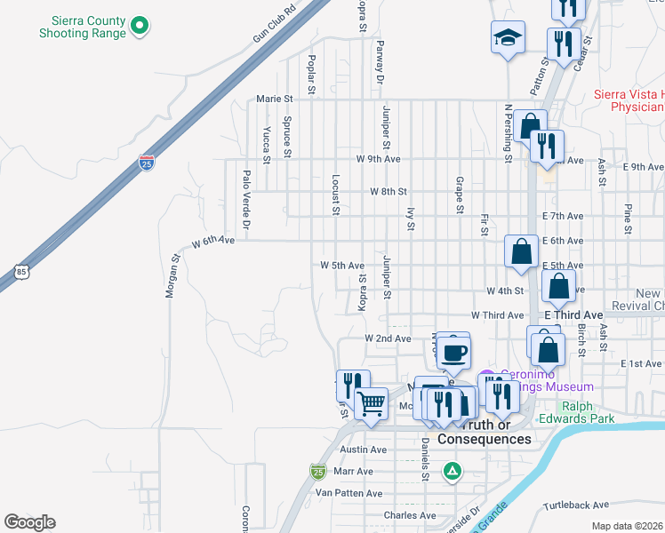 map of restaurants, bars, coffee shops, grocery stores, and more near 898 W 5th Ave in Truth or Consequences