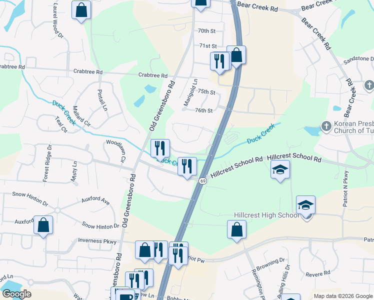 map of restaurants, bars, coffee shops, grocery stores, and more near 800 Saint Paul Drive in Tuscaloosa