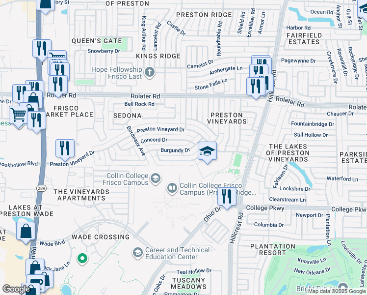 map of restaurants, bars, coffee shops, grocery stores, and more near 10308 Burgundy Drive in Frisco