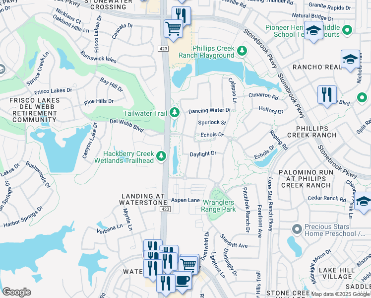 map of restaurants, bars, coffee shops, grocery stores, and more near 6718 Tailwater Trail in Frisco