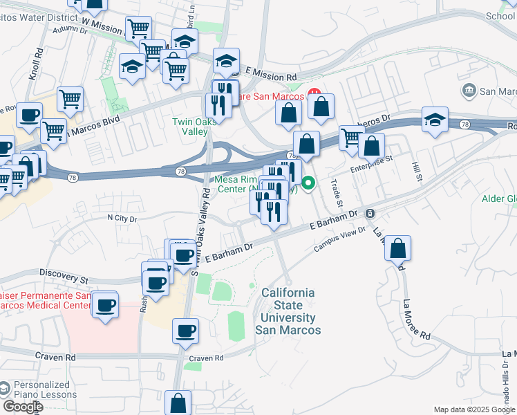 map of restaurants, bars, coffee shops, grocery stores, and more near 250 North City Drive in San Marcos