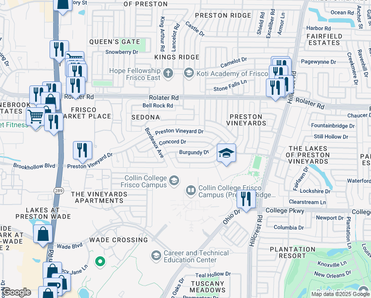 map of restaurants, bars, coffee shops, grocery stores, and more near 10120 Burgundy Drive in Frisco