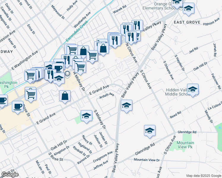 map of restaurants, bars, coffee shops, grocery stores, and more near 2130 Ardath Avenue in Escondido