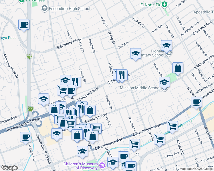 map of restaurants, bars, coffee shops, grocery stores, and more near 533 East Lincoln Avenue in Escondido