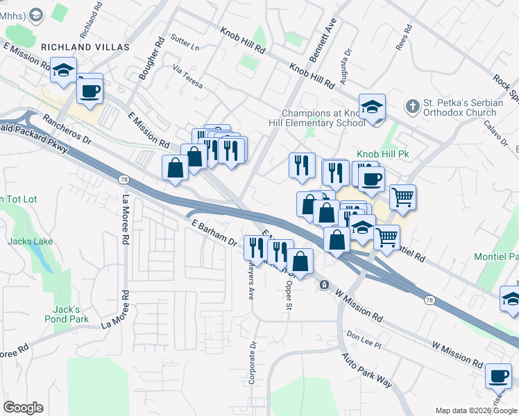 map of restaurants, bars, coffee shops, grocery stores, and more near 1569 Cove Court in San Marcos