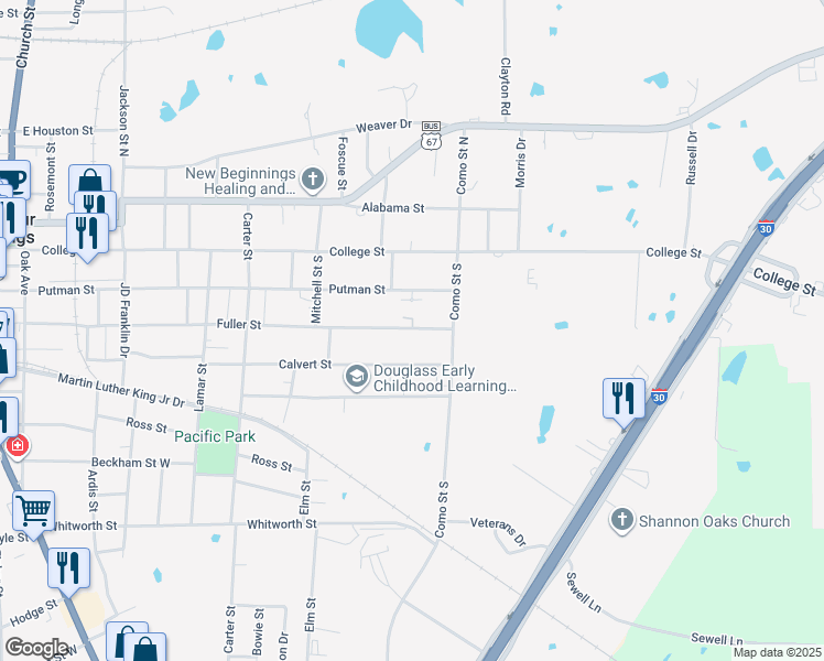 map of restaurants, bars, coffee shops, grocery stores, and more near 800 Fuller Street in Sulphur Springs