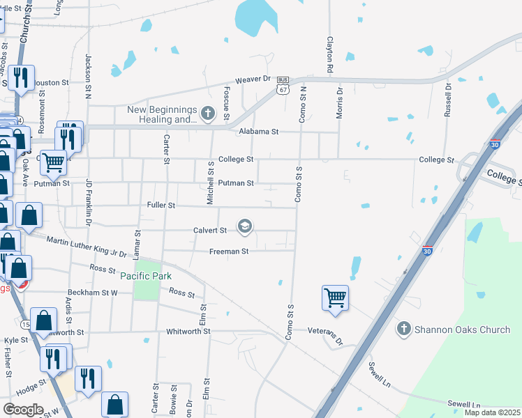 map of restaurants, bars, coffee shops, grocery stores, and more near 732 Fuller Street in Sulphur Springs