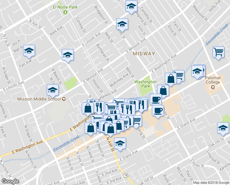 map of restaurants, bars, coffee shops, grocery stores, and more near 1319 Jefferson Avenue in Escondido