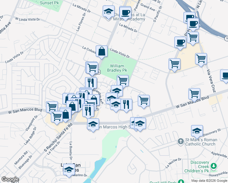map of restaurants, bars, coffee shops, grocery stores, and more near 563 Beverly Place in San Marcos