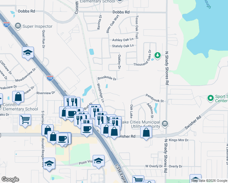 map of restaurants, bars, coffee shops, grocery stores, and more near 401 Springtree Road in Lake Dallas