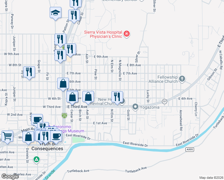 map of restaurants, bars, coffee shops, grocery stores, and more near 699 East 5th Avenue in Truth or Consequences