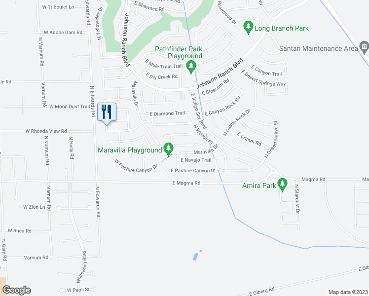 map of restaurants, bars, coffee shops, grocery stores, and more near 455 East Castle Rock Road in San Tan Valley